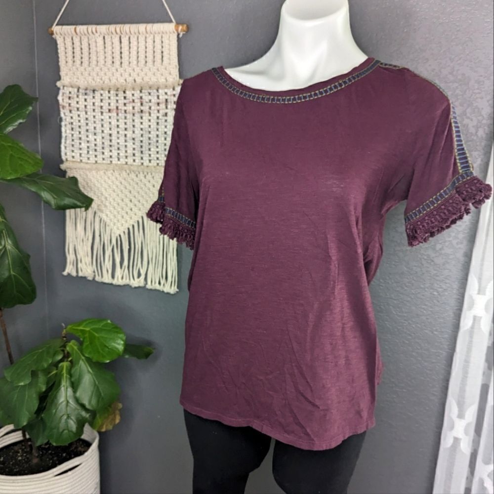 LOFT Plum Embroidered Short Sleeve Shirt